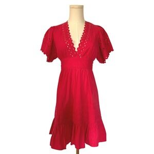 Antik Batik Roda Red Eyelet Mini Dress XS Boho Cotton Flutter Sleeve $295